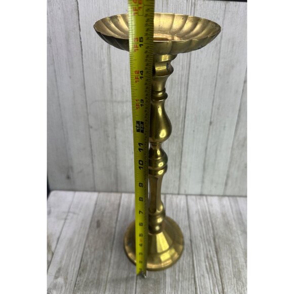 Vintage Brass Large Pillar Candle Stick Holder Scalloped Top 15" Tall Home Decor - Picture 3 of 8